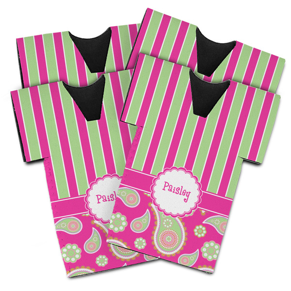 Custom Pink & Green Paisley and Stripes Jersey Bottle Cooler - Set of 4 (Personalized)