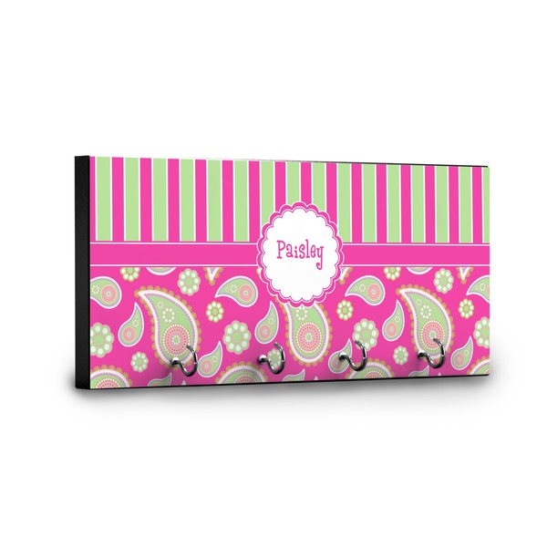 Pink & Green Paisley and Stripes Key Hanger - Front View with Hooks