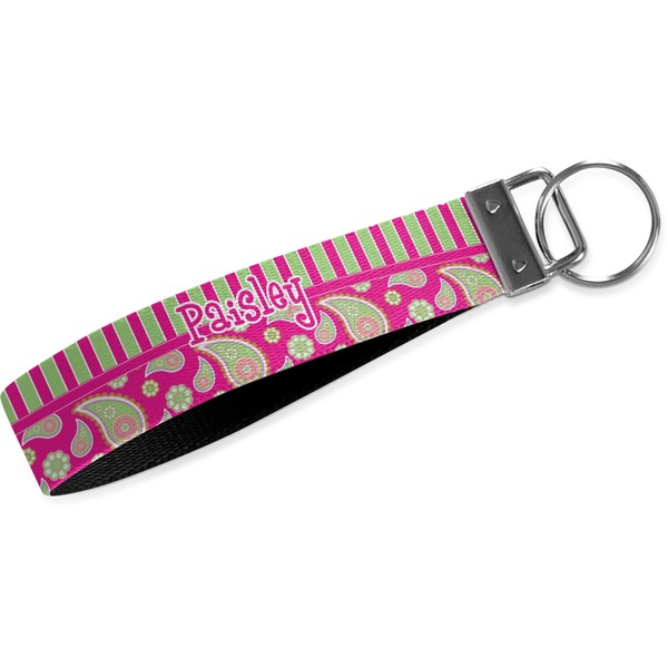 Custom Pink & Green Paisley and Stripes Wristlet Webbing Keychain Fob (Personalized)