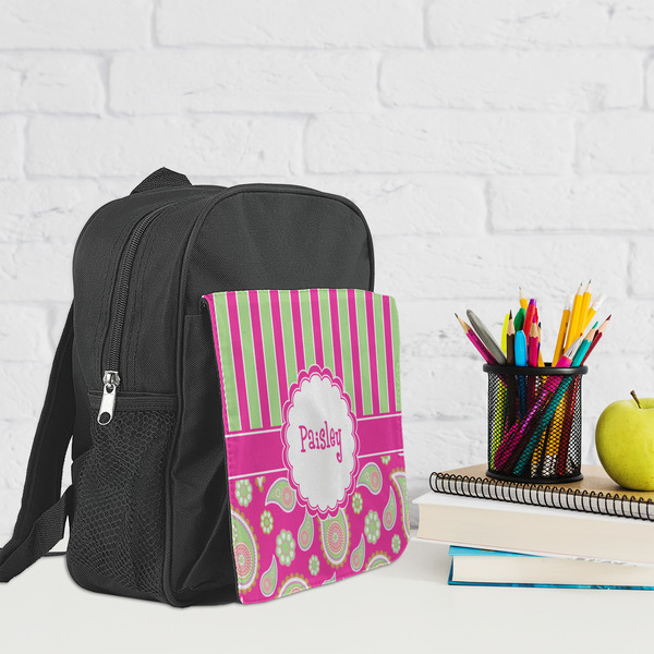 Pink & Green Paisley and Stripes Kid's Backpack - Lifestyle