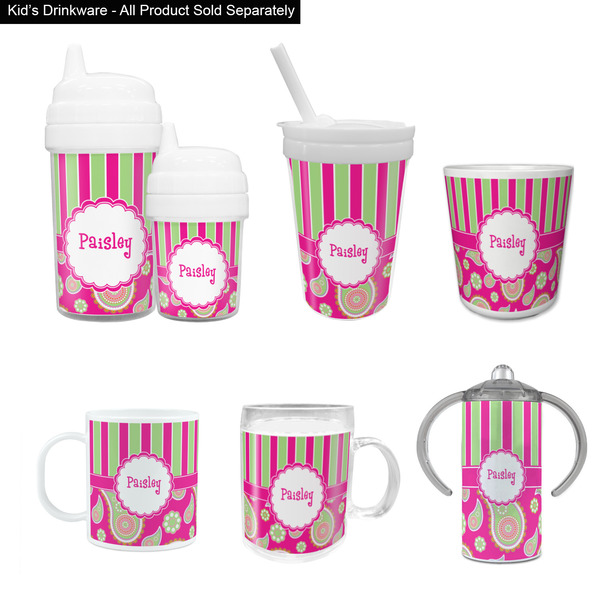 Pink & Green Paisley and Stripes Kid's Drinkware - Customized & Personalized