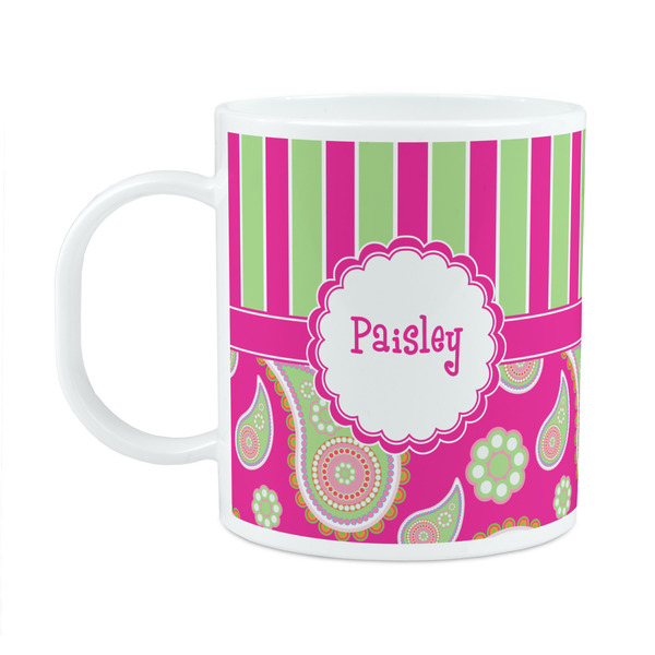 Custom Pink & Green Paisley and Stripes Plastic Kids Mug (Personalized)