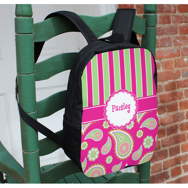 Pink & Green Paisley and Stripes Kids Backpack - In Context