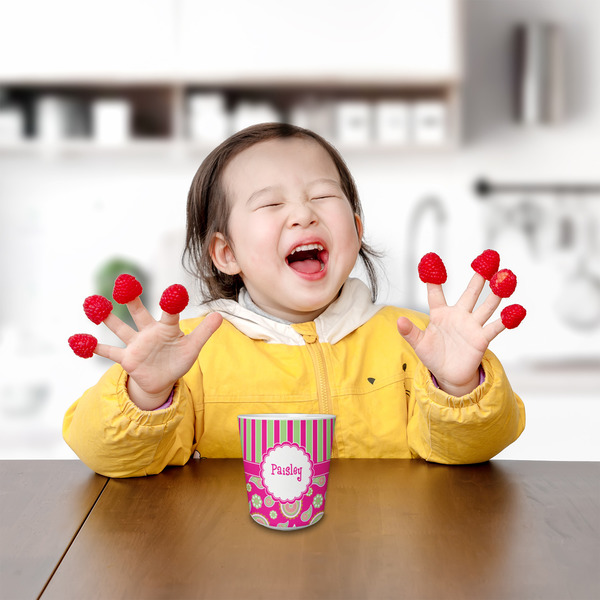Pink & Green Paisley and Stripes Kids Cup - LIFESTYLE 1 (girl)