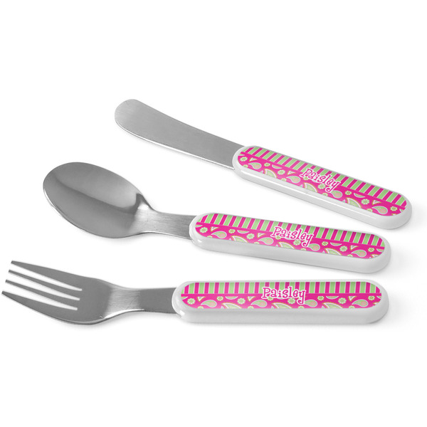Custom Pink & Green Paisley and Stripes Kid's Flatware (Personalized)