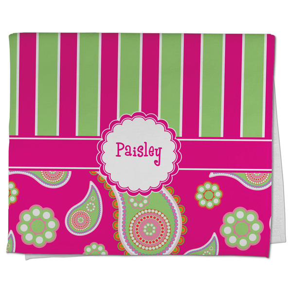 Custom Pink & Green Paisley and Stripes Kitchen Towel - Poly Cotton w/ Name or Text