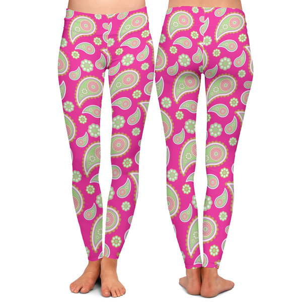 Pink & Green Paisley and Stripes Ladies Leggings - Front and Back