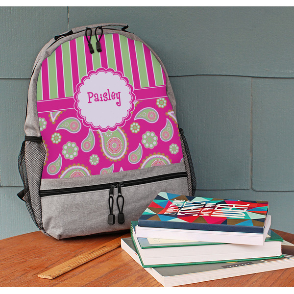 Pink & Green Paisley and Stripes Large Backpack - Gray - On Desk