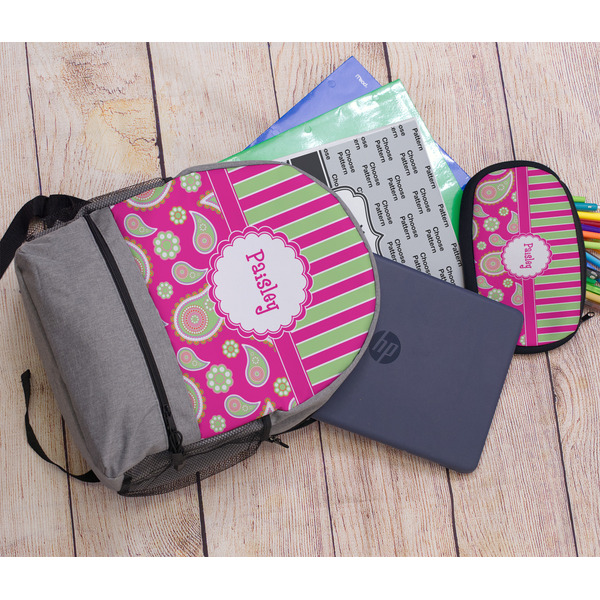 Pink & Green Paisley and Stripes Large Backpack - Gray - With Stuff