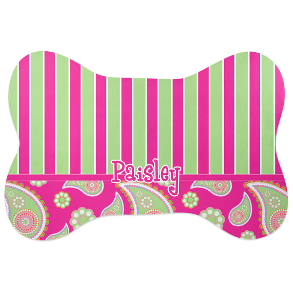 Custom Pink & Green Paisley and Stripes Bone Shaped Dog Food Mat (Personalized)