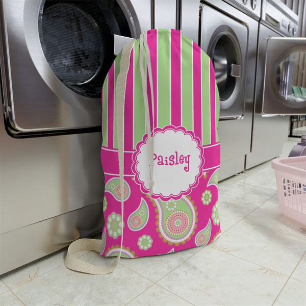 Pink & Green Paisley and Stripes Large Laundry Bag - In Context