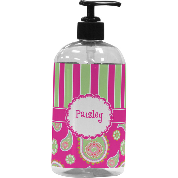 Custom Pink & Green Paisley and Stripes Plastic Soap / Lotion Dispenser (16 oz - Large - Black) (Personalized)
