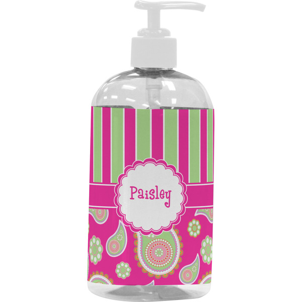 Custom Pink & Green Paisley and Stripes Plastic Soap / Lotion Dispenser (16 oz - Large - White) (Personalized)