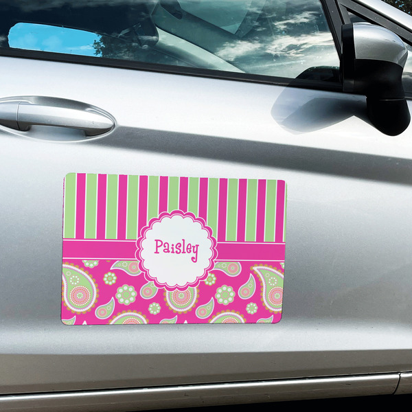Pink & Green Paisley and Stripes Large Rectangle Car Magnets- In Context