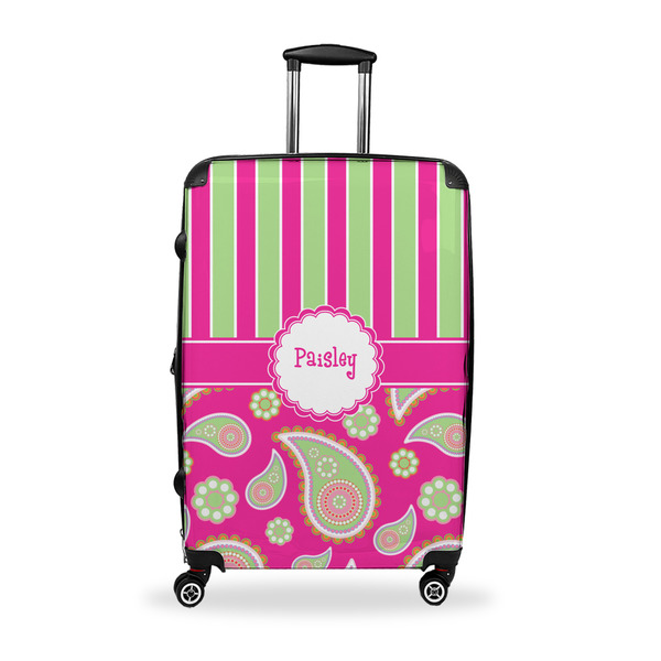 Custom Pink & Green Paisley and Stripes Suitcase - 28" Large - Checked w/ Name or Text