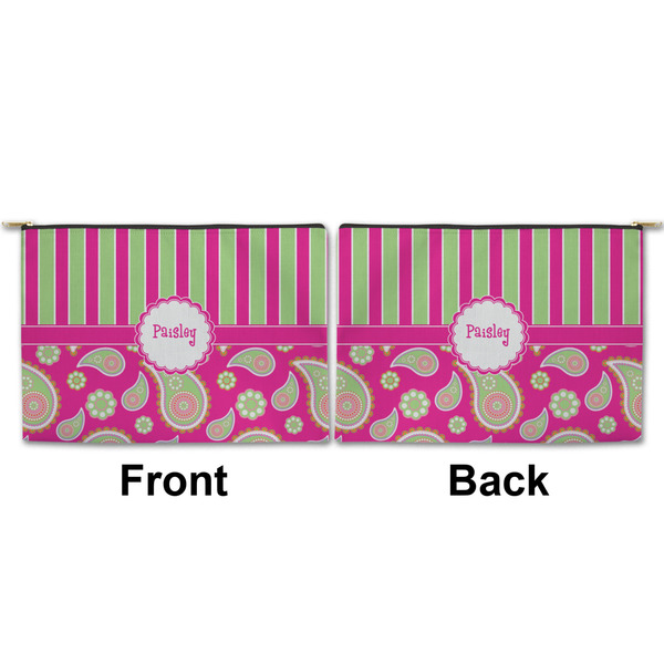 Pink & Green Paisley and Stripes Large Zipper Pouch Approval (Front and Back)