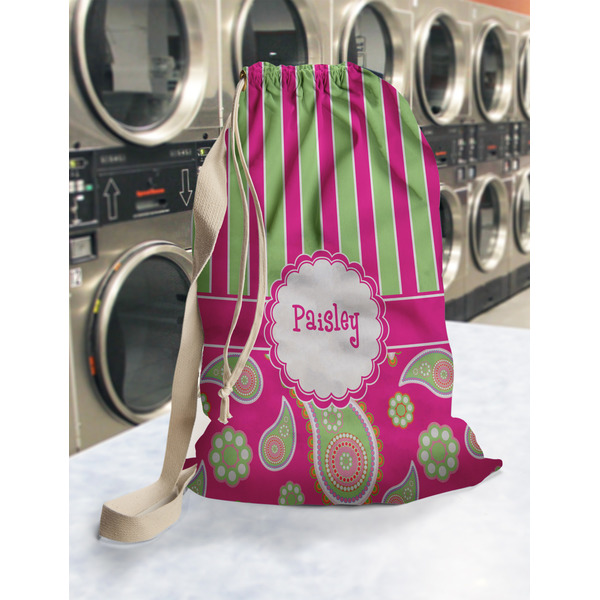 Pink & Green Paisley and Stripes Laundry Bag in Laundromat