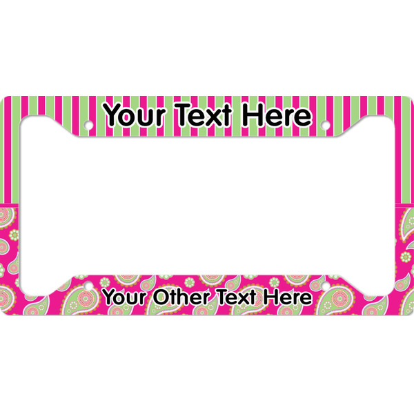 Custom Pink & Green Paisley and Stripes License Plate Frame - Style A (Personalized)