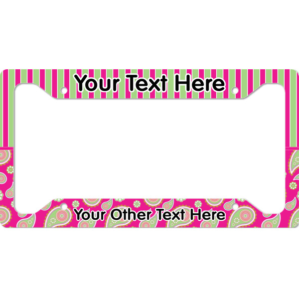 Custom Pink & Green Paisley and Stripes License Plate Frame - Style A (Personalized)