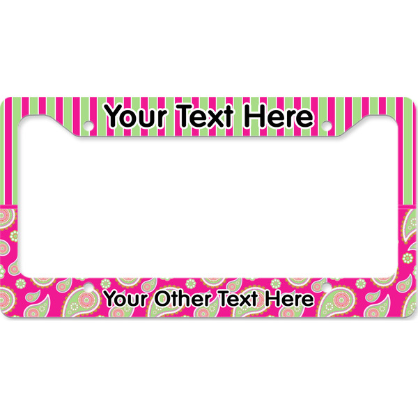 Custom Pink & Green Paisley and Stripes License Plate Frame - Style B (Personalized)