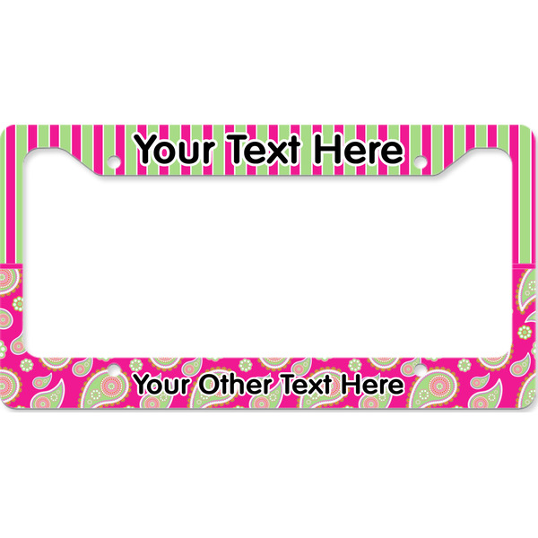 Custom Pink & Green Paisley and Stripes License Plate Frame - Style B (Personalized)