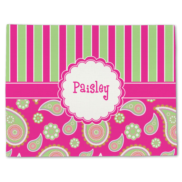 Custom Pink & Green Paisley and Stripes Single-Sided Linen Placemat - Single w/ Name or Text