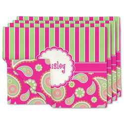 Pink & Green Paisley and Stripes Linen Placemat w/ Name or Text
