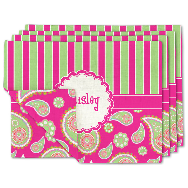 Custom Pink & Green Paisley and Stripes Linen Placemat w/ Name or Text