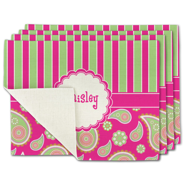 Custom Pink & Green Paisley and Stripes Single-Sided Linen Placemat - Set of 4 w/ Name or Text