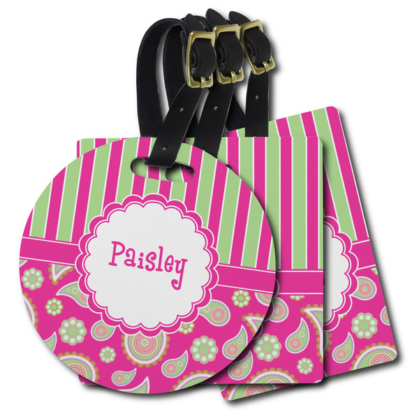 Custom Pink & Green Paisley and Stripes Plastic Luggage Tag (Personalized)