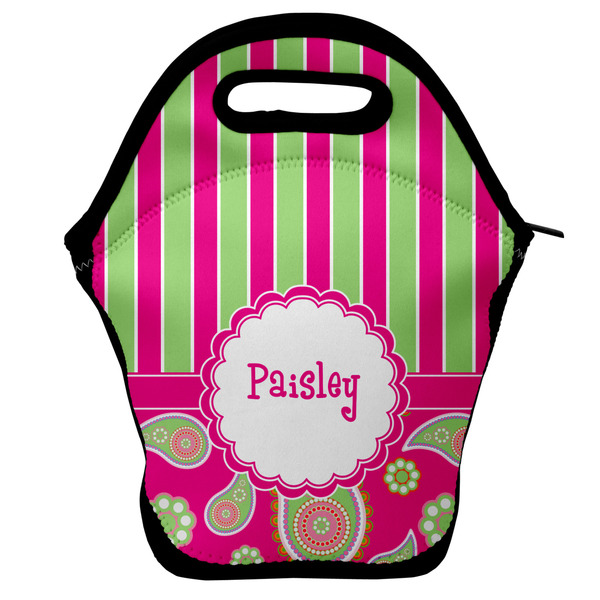 Custom Pink & Green Paisley and Stripes Lunch Bag w/ Name or Text