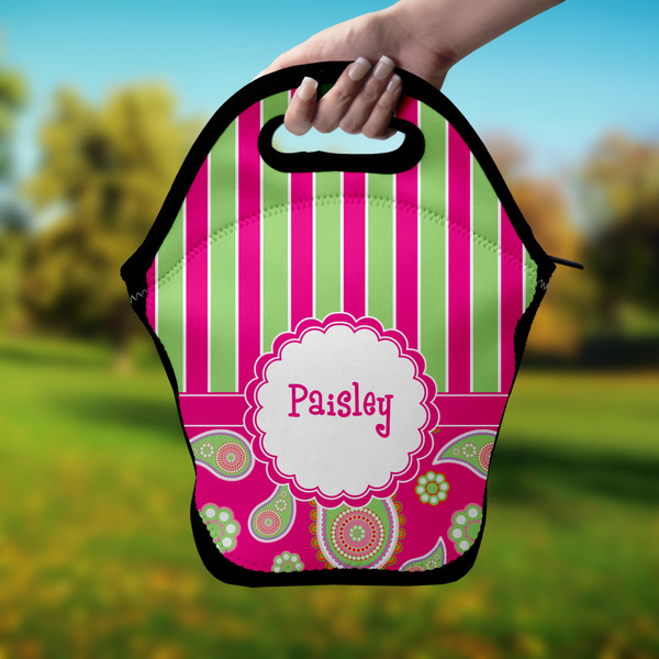 Pink & Green Paisley and Stripes Lunch Bag - Hand
