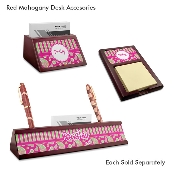 Pink & Green Paisley and Stripes Mahogany Desk Accessories