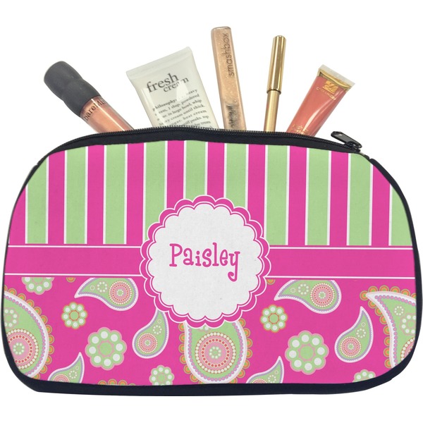 Custom Pink & Green Paisley and Stripes Makeup / Cosmetic Bag - Medium (Personalized)