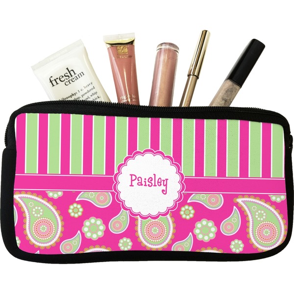 Custom Pink & Green Paisley and Stripes Makeup / Cosmetic Bag (Personalized)
