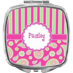 Pink & Green Paisley and Stripes Compact Makeup Mirror (Personalized)