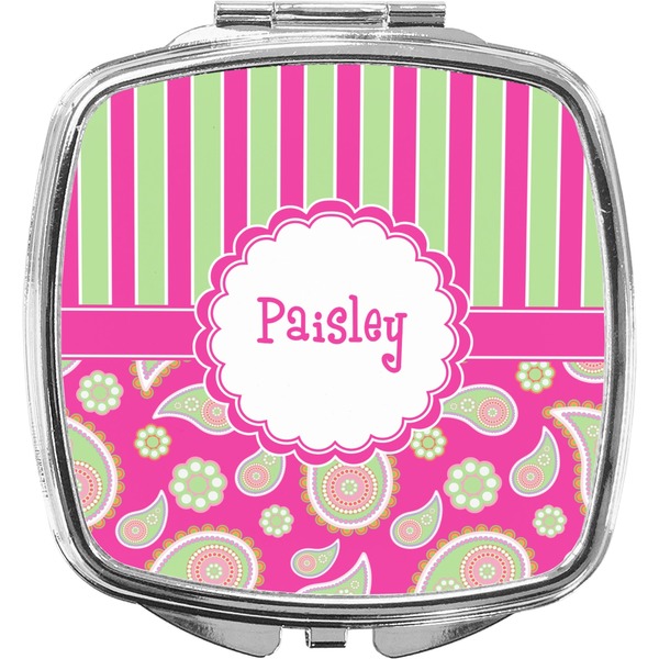 Custom Pink & Green Paisley and Stripes Compact Makeup Mirror (Personalized)