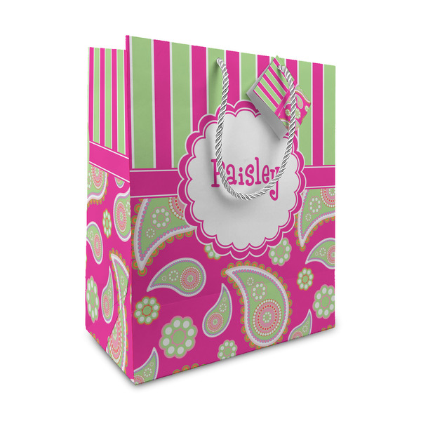 Custom Pink & Green Paisley and Stripes Medium Gift Bag (Personalized)