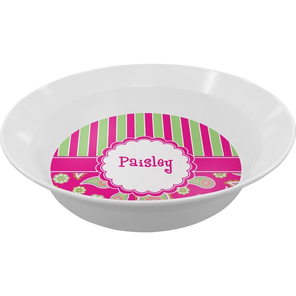 Custom Pink & Green Paisley and Stripes Melamine Bowl (Personalized)