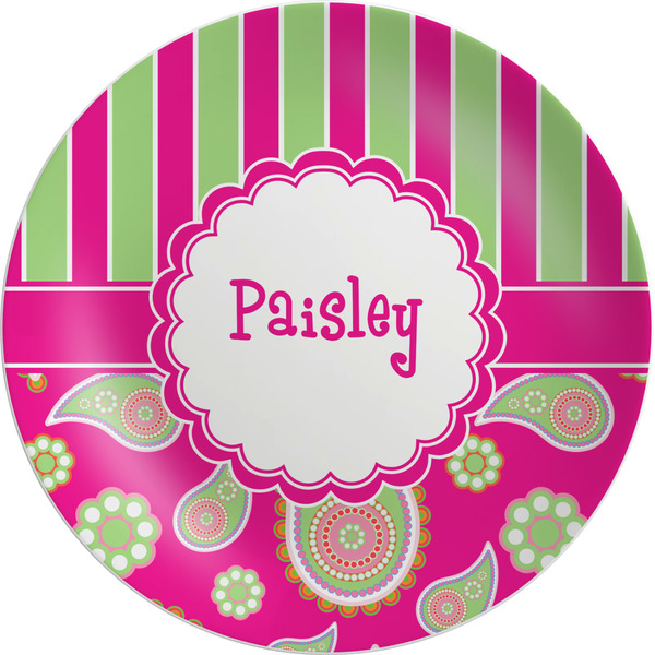 Custom Pink & Green Paisley and Stripes Melamine Plate (Personalized)