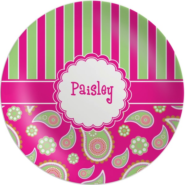 Custom Pink & Green Paisley and Stripes Melamine Plate (Personalized)