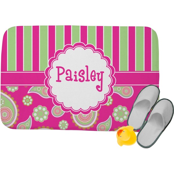 Custom Pink & Green Paisley and Stripes Memory Foam Bath Mat (Personalized)