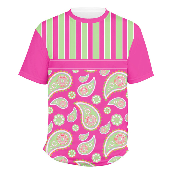 Custom Pink & Green Paisley and Stripes Men's Crew T-Shirt - Medium