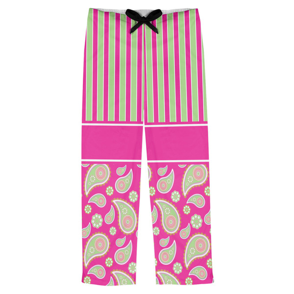 Custom Pink & Green Paisley and Stripes Mens Pajama Pants - 2XL
