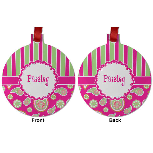 Pink & Green Paisley and Stripes Metal Ball Ornament - Front and Back