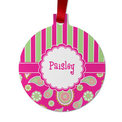 Pink & Green Paisley and Stripes Metal Ball Ornament - Double Sided w/ Name or Text