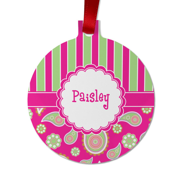 Custom Pink & Green Paisley and Stripes Metal Ball Ornament - Double Sided w/ Name or Text