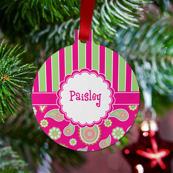 Pink & Green Paisley and Stripes Metal Ball Ornament - Lifestyle