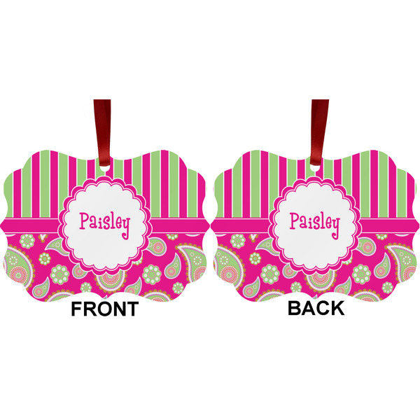 Pink & Green Paisley and Stripes Metal Benilux Ornament - Front and Back (APPROVAL)