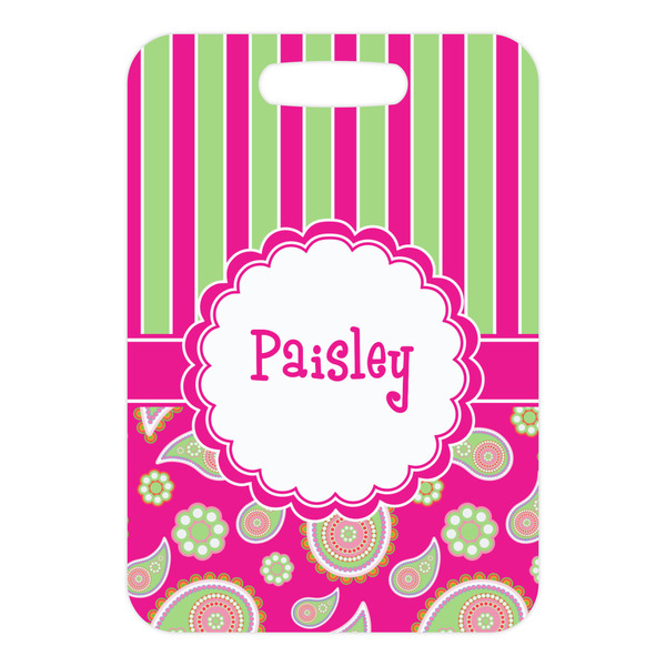 Pink & Green Paisley and Stripes Metal Luggage Tag - Front Without Strap